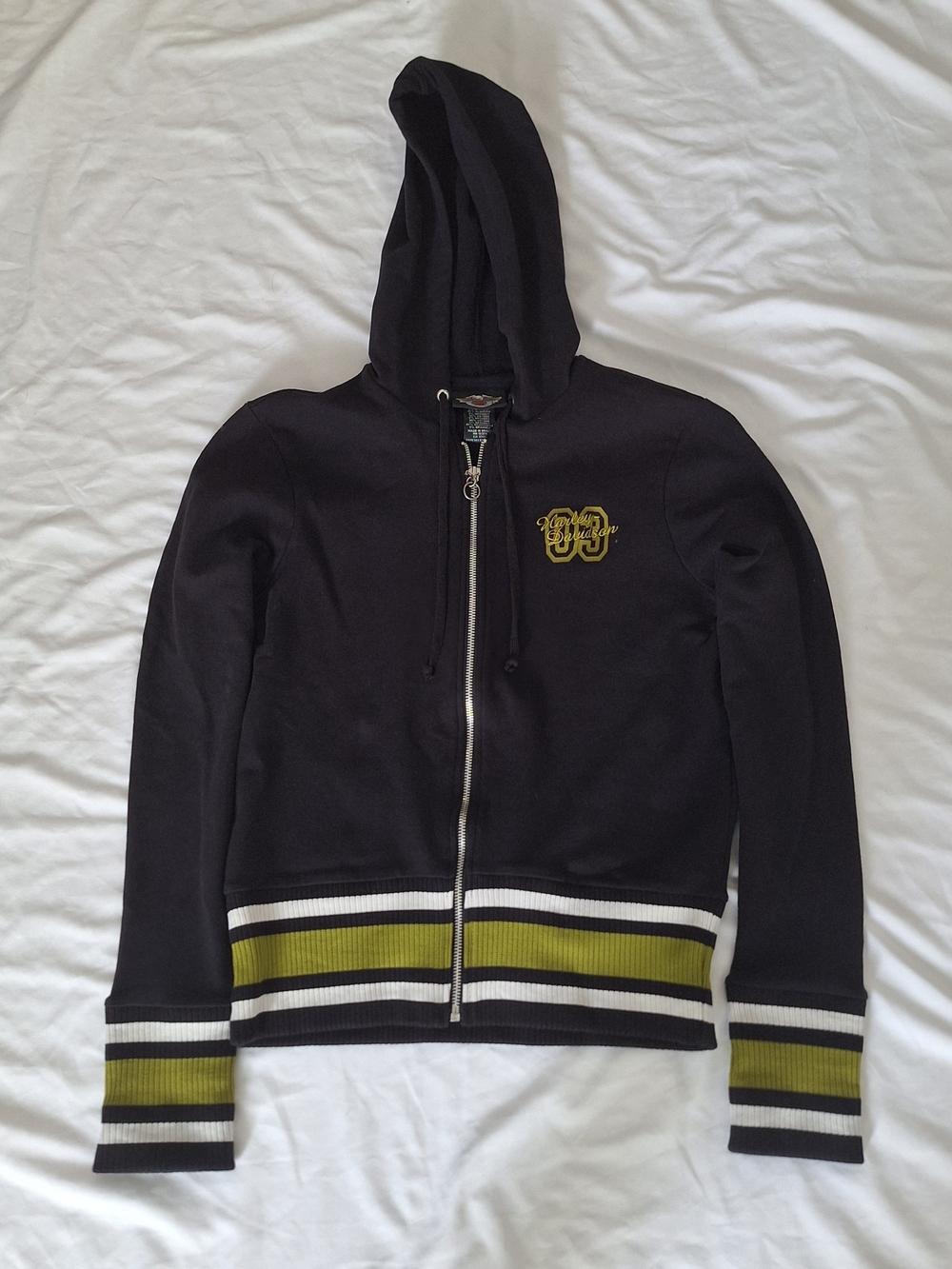 Harley Davidson Womens L Black Hoodie Embroidered Logo W/ Rhinestone Green Trim